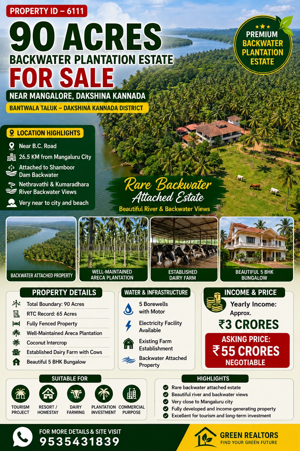 🆔 *PROPERTY ID –6111* 🌿 *Premium 90 Acres  Backwater Plantation Estate for Sale – Near Mangalore Dakshina Kannada